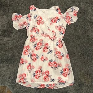 Charming Charlie’s white floral print dress. Off the shoulders sleeves, cinched.